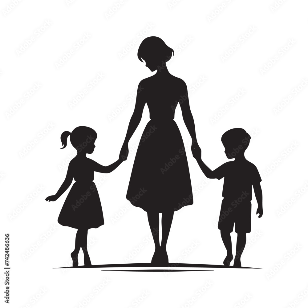 Linked by Love: A Silhouette of Mother and Children Holding Hands, Symbolizing Unbreakable Bonds and Enduring Affection.