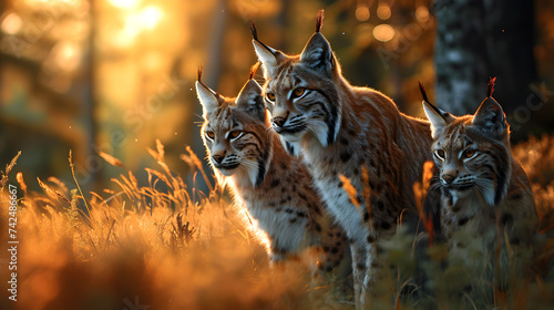 Lynx family in the forest clearing in summer evening with setting sun. Group of wild animals in nature.