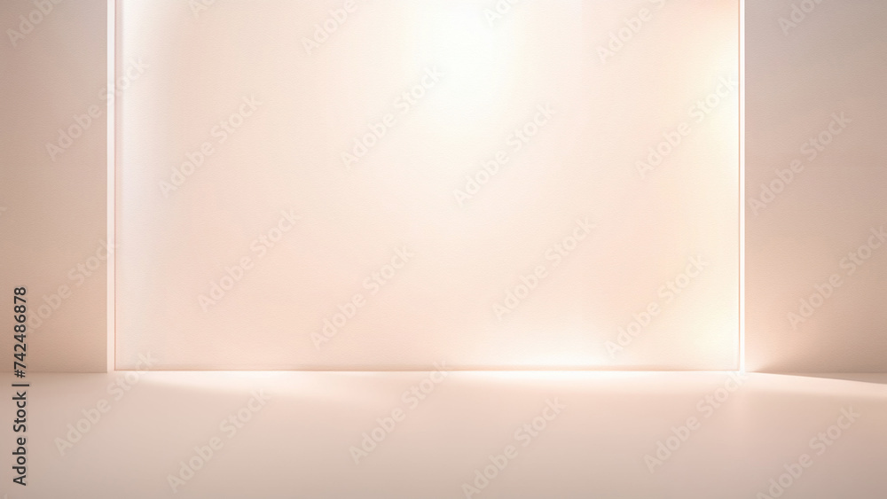 Minimalistic light beige background for presentation. A light pink wall in interior with beautiful built-in lighting and a smooth floor. Peach fuzz color 2024.