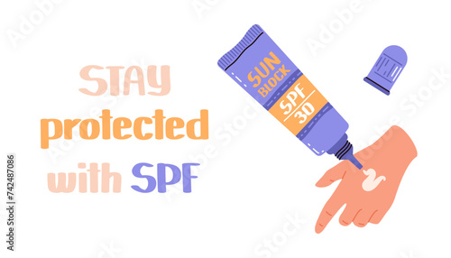 Stay protected with spf. UV safety month - July. Using sunscreen lotion every day. Vector flat banner to raise awareness of skin protection from harmful ultraviolet radiation.