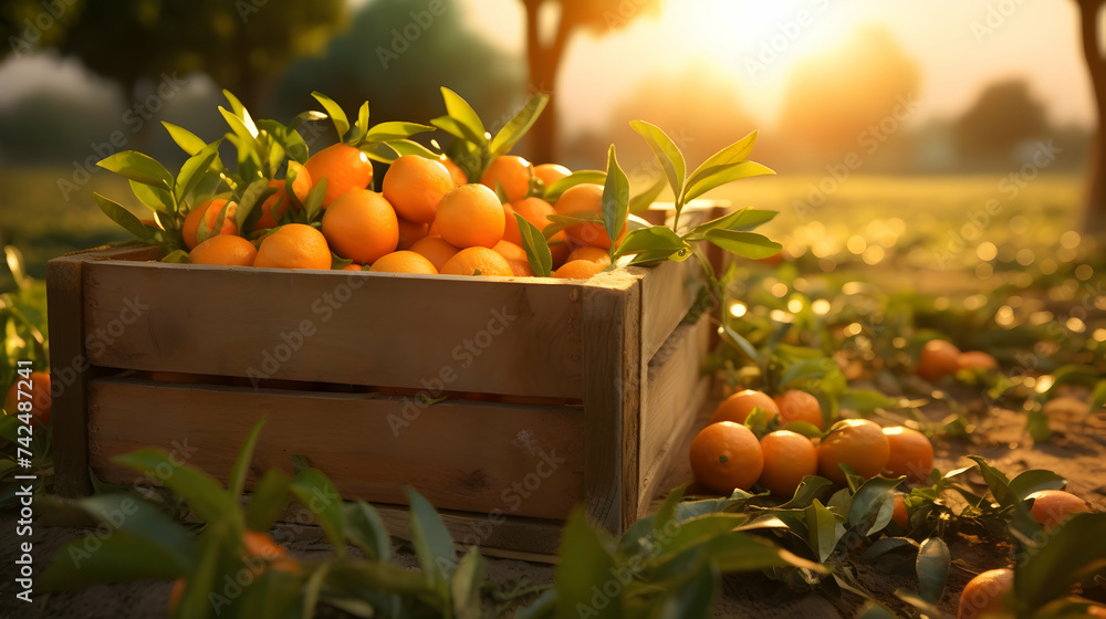 Tangerines harvested in a wooden box with orchard and sunshine in the background. Natural organic fruit abundance. Agriculture, healthy and natural food concept. Horizontal composition. - obrazy, fototapety, plakaty 