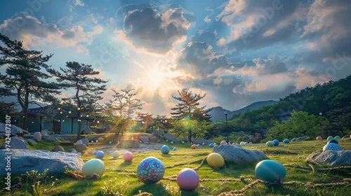 big easter eggs on the backyard of poor korean traditional house celebrate easter egg hunt christian festifal lofy video with moving cloudy sky in the morning photo