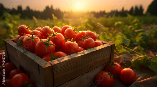 Red tomatoes harvested in a wooden box with field and sunset in the background. Natural organic fruit abundance. Agriculture, healthy and natural food concept. Horizontal composition.