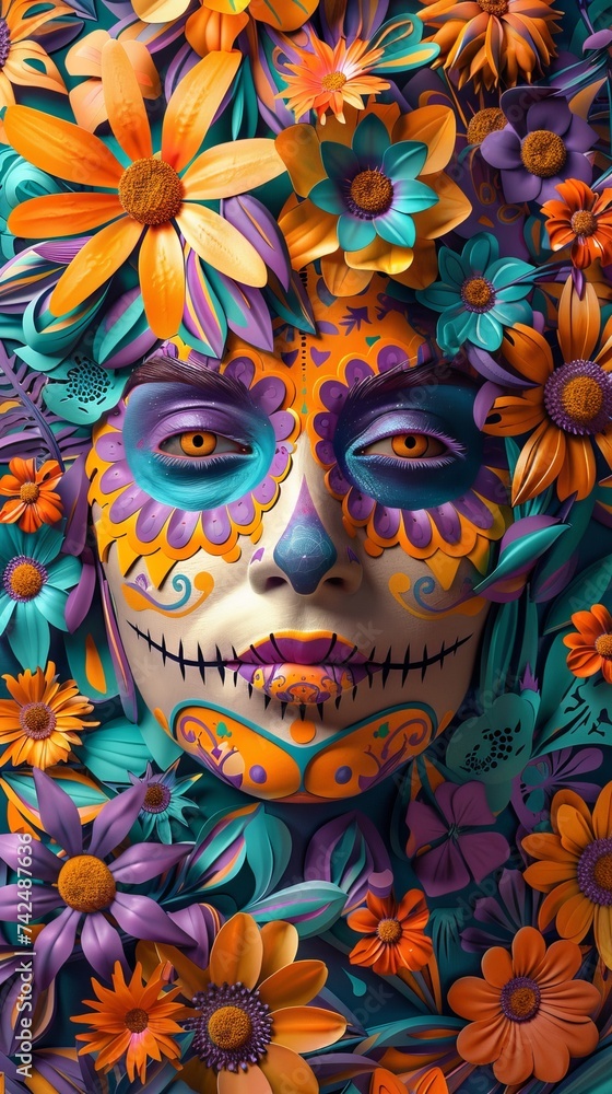 Create a vibrant series of 3D portraits of individuals adorned with colorful flower patterns reminiscent of Day of the Dead face paint