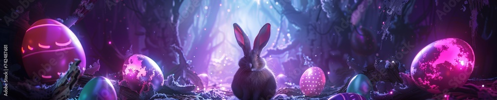 Cyber Bunny with illuminated fur amidst neon Easter eggs in a virtual reality landscape - obrazy, fototapety, plakaty 