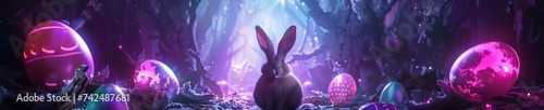 Cyber Bunny with illuminated fur amidst neon Easter eggs in a virtual reality landscape