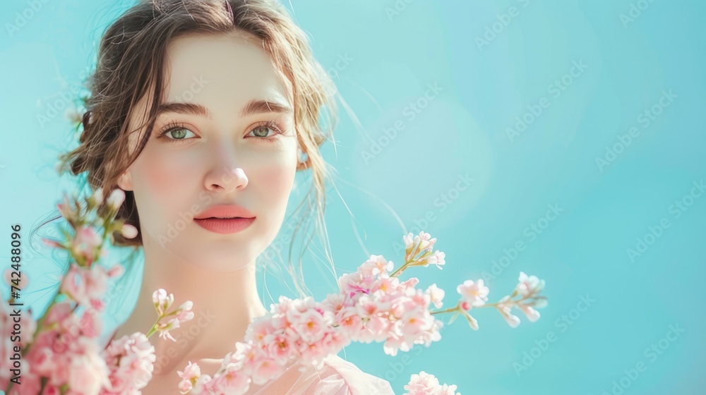 Beautiful young woman in pink dress holding spring pink flower bouquet on the blue background in the morning.