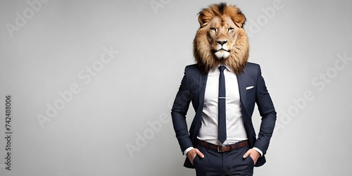 Portrait of a lion in a business suit on a plain background, working in a corporate office with copy space, business concept