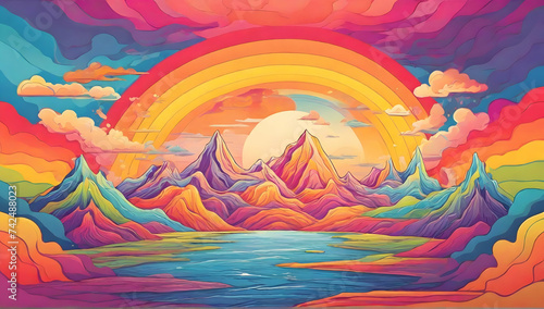 Psychedelic landscapes poster with stylized mountains, rainbow, seas. Retro 70s, 60s hippie style covers. Art illustration.