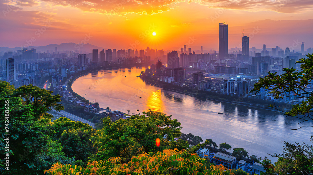 Fototapeta premium Panoramic cityscape at sunset, showcasing the urban skyline and architectural landmarks in a vibrant, atmospheric setting