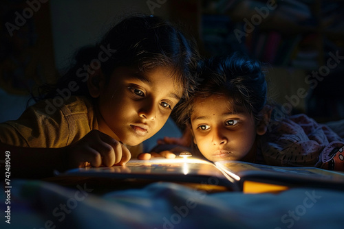 artistic portrayal of a young Indian girl reading a storybook aloud to her younger sibling, their faces illuminated by the soft light of a reading lamp, shot from hiding camera, mi