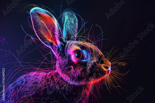 Neon line sketch of a rabbit lively colors contemporary style set against darkness
