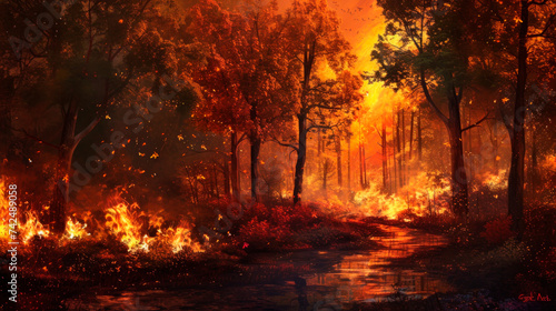 The burning forest at dusk. A strong fire in the mixed thicket of the forest.
