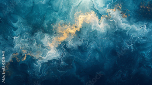 blue and gold gold abstract pattern, in the style of ethereal cloudscapes, marble, dark white and aquamarine, romantic landscape, oil on canvas, aerial view, smokey background © Welle Photos