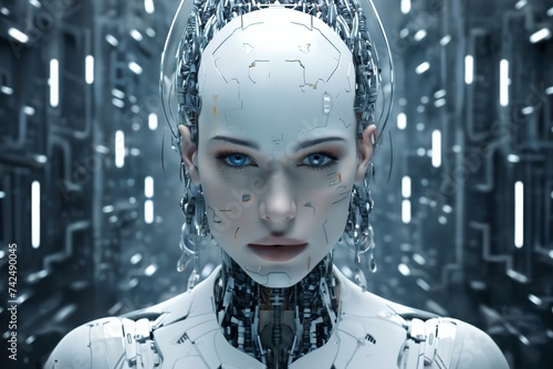 a woman's face with 3D particles in space as a symbol of augmented reality and computer technologies of the future, a close-up portrait, the concept of cybernetics, biomechanics and robotics