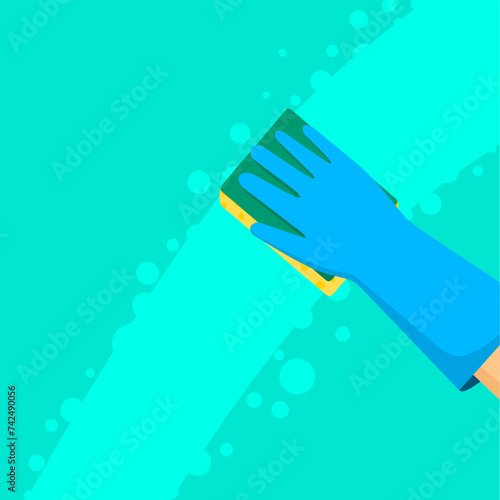Vector illustration of cleaning surfaces at home with sponge and soap with hands in protective rubber gloves. Domestic worker concept.