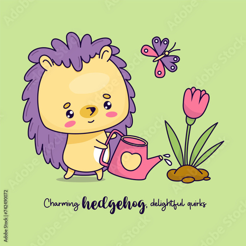 Cute hedgehog gardener. Funny animal with butterfly and garden watering can waters flower. Vector illustration. kawaii animal character. Kids collection