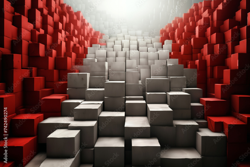 abstract space with dark mosaic background with many red and white block shapes and cubes, hi tech in the style of 3D rendering, digital art abstract space with dark mosaic background with many red and white block shapes and cubes, hi tech in the style of 3D rendering, digital art