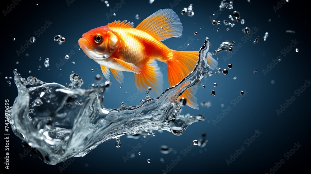 Fototapeta premium Goldfish jump out of the monitor at ocean
