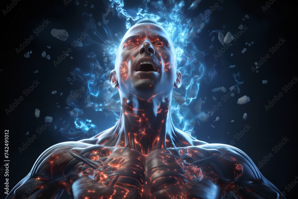 a person with streams of energy or plasma from inside the body and around the head in the form of a hologram on an abstract background, digital art, the concept of biotechnology of the future a person with streams of energy or plasma from inside the body and around the head in the form of a hologram on an abstract background, digital art, the concept of biotechnology of the future
