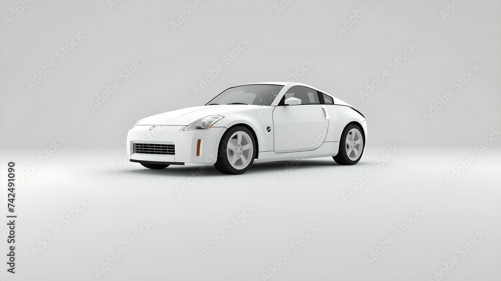 A white sports car is in a light grey space. It has a modern, aerodynamic design with two doors and large wheels. The background is uniformly light grey, emphasizing the car.