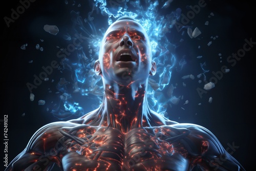 a person with streams of energy or plasma from inside the body and around the head in the form of a hologram on an abstract background, digital art, the concept of biotechnology of the future