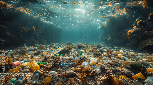 A pile of plastic bottles is polluting the underwater landscape of the ocean
