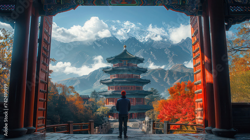 A man stands in front of an ancient Chinese palace with the best view. mountain background blue sky and white clouds beautiful sunlight The best views of nature and architecture