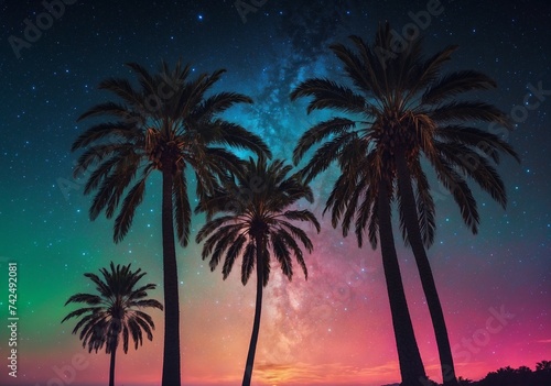 Night landscape with palm trees, against the backdrop of a neon sunset, stars © Rafli