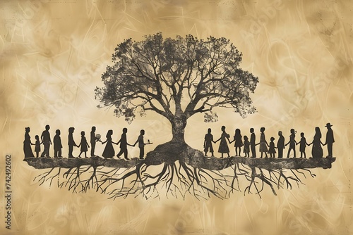 Genealogy chart depicting lineage through symbolic tree branches and generations connected. Concept Family Tree, Symbolic Branches, Lineage, Generations, Genealogy Chart