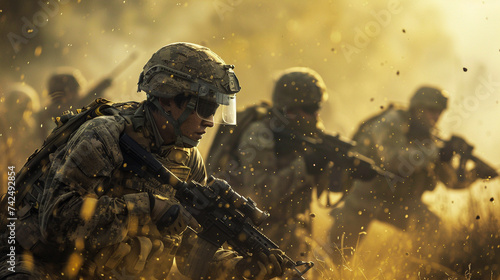 Create a collaborative scene between soldiers of an army emphasizing teamwork and unity Show how cooperation leads to success on the battlefield