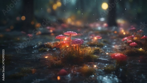 (best quality),((ultra-detailed)),professional,gimicalmas,35mm photograph,4k,fairy forest in the middle of the night it's raining,lay summer,night,rain,macro_shot,colorful details,natural lighting,ama