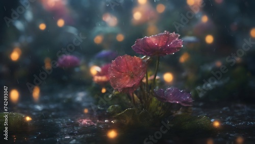 (best quality),((ultra-detailed)),professional,gimicalmas,35mm photograph,4k,fairy forest in the middle of the night it's raining,lay summer,night,rain,macro_shot,colorful details,natural lighting,ama photo