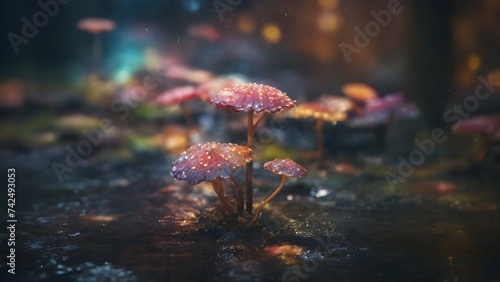 (best quality),((ultra-detailed)),professional,gimicalmas,35mm photograph,4k,fairy forest in the middle of the night it's raining,lay summer,night,rain,macro_shot,colorful details,natural lighting,ama