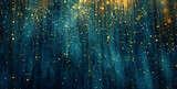 abstract painting with golden dots on blue, in the style of luminous atmosphere, dark turquoise and gold, dreamlike installations, light-filled, paint dripping technique, monochromatic paintings, dark