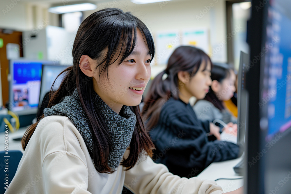 asian person work on a computer with a woman, in the style of group material asian person work on a computer with a woman, in the style of group material
