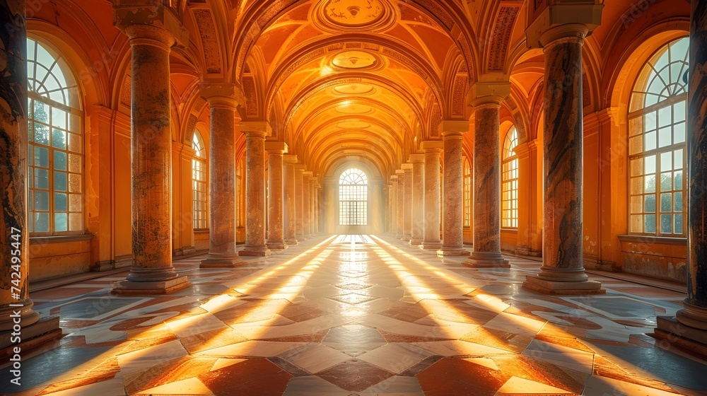 Elegant Arched Hallway Illuminated by Golden Sunlight