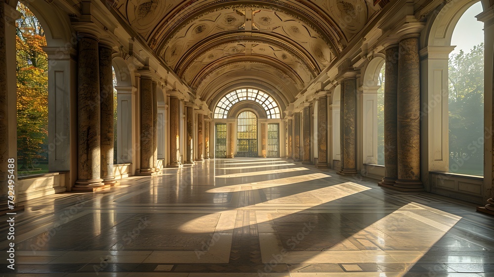 Elegant Hallway with White Arches in Golden Light