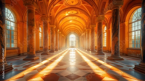 Elegant Arched Hallway Illuminated by Golden Sunlight