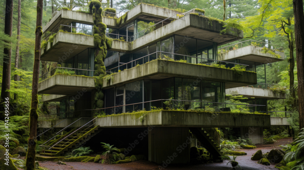 An old abandoned reinforced concrete building in the jungle with dirty walls covered in moss stains and overgrown with weeds