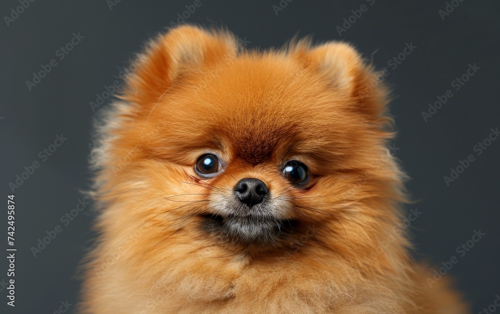 Portrait of a cute little dog with funny expression on gray background. Cute, happy, crazy dog headshot smiling on gray background with copy space Portrait of a cute little dog with funny expression on gray background. Cute, happy, crazy dog headshot smiling on gray background with copy space