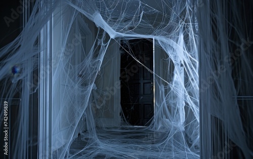 Doorway Spider Web - A doorway covered in stretchable fake spider webs, creating a spooky barrier for someone to walk through. 