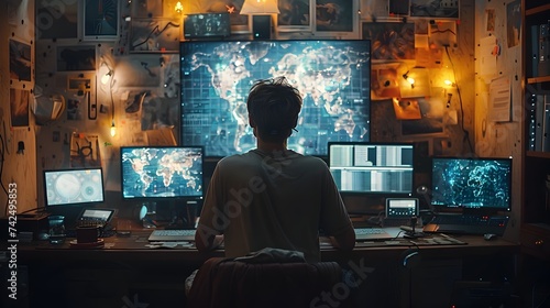 Man Working at Desk with Multiple Monitors and Map in Cyberpunk Style