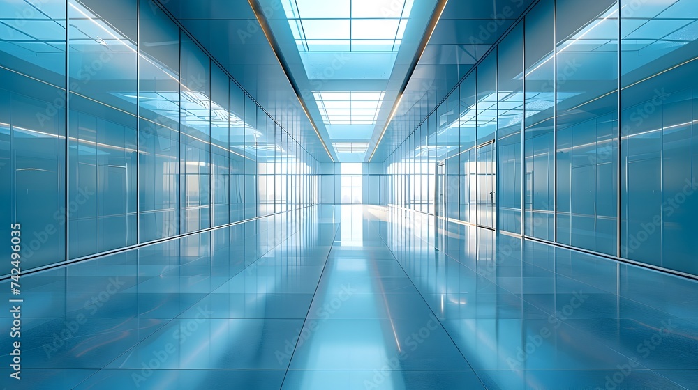 Modern Office Space with Transparent Blue Glass Corridor Modern Office Space with Transparent Blue Glass Corridor