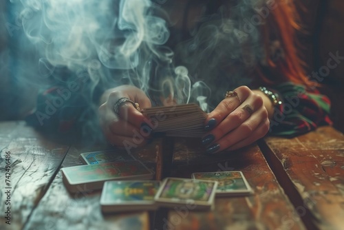Close-up shot of a woman's hands laying out tarot cards on a vintage wooden table with incense smoke swirling around photo