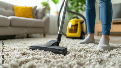 Home cleanliness with featuring routine of vacuum cleaning, comfort of a well-lit living room, vacuum cleaner over carpet, household chores and the maintenance of a tidy living space, home appliance