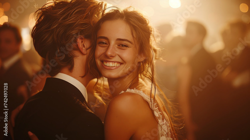 A Joyful Moment: A Happy Young Couple Hugging and Celebrating at a Wedding