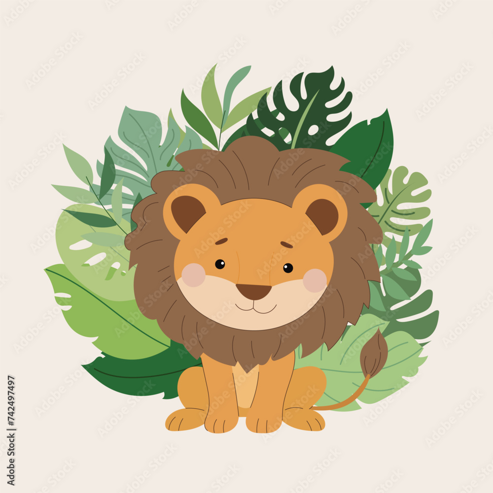 Fototapeta premium Vector illustration safari animal and tropical leaves, for kids card, posters on light background.