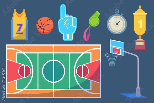 Basketball court and basket vector illustration. Sports jersey, ball, whistle, foam finger, stopwatch, champion cup. Sport, event, fan, championship concept