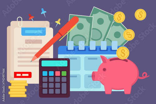 Piggy bank with gold coins vector illustration. Calculator, money, tax form, pen, flip calendar. Tax season, business, finance concept 